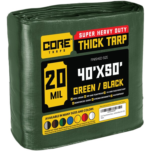 Core Tarps Heavy Duty Tarp, 50 ft L x 0.5 mm H x 40 ft W, 20 Mil, Green/Black, Polyethylene CT-703-40X50 - main